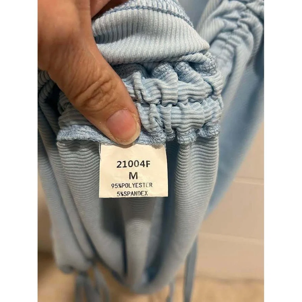 BTFBM Womens Ribbed Bodycon Dress Light Blue Ruched Side Drawstring Sleeveless M - Picture 4 of 7